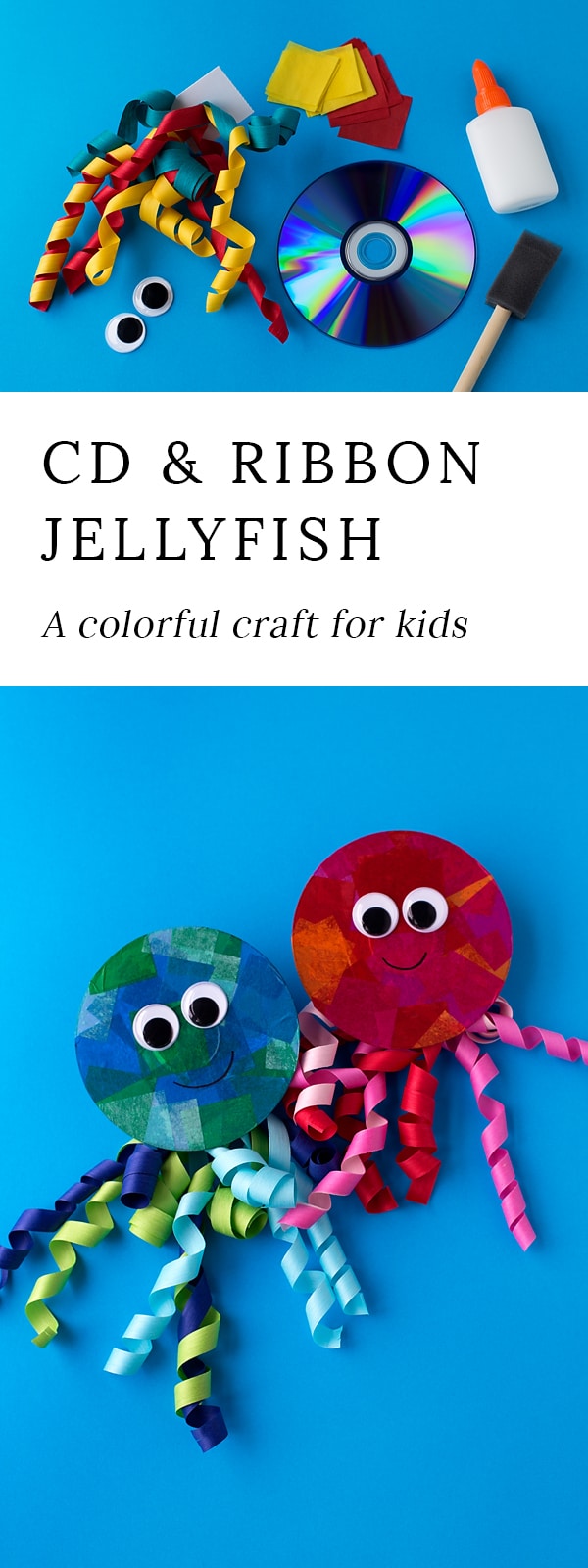 Summer is the perfect season for creating ocean themed art. Learn how to make a colorful upcycled CD and ribbon jellyfish craft.
