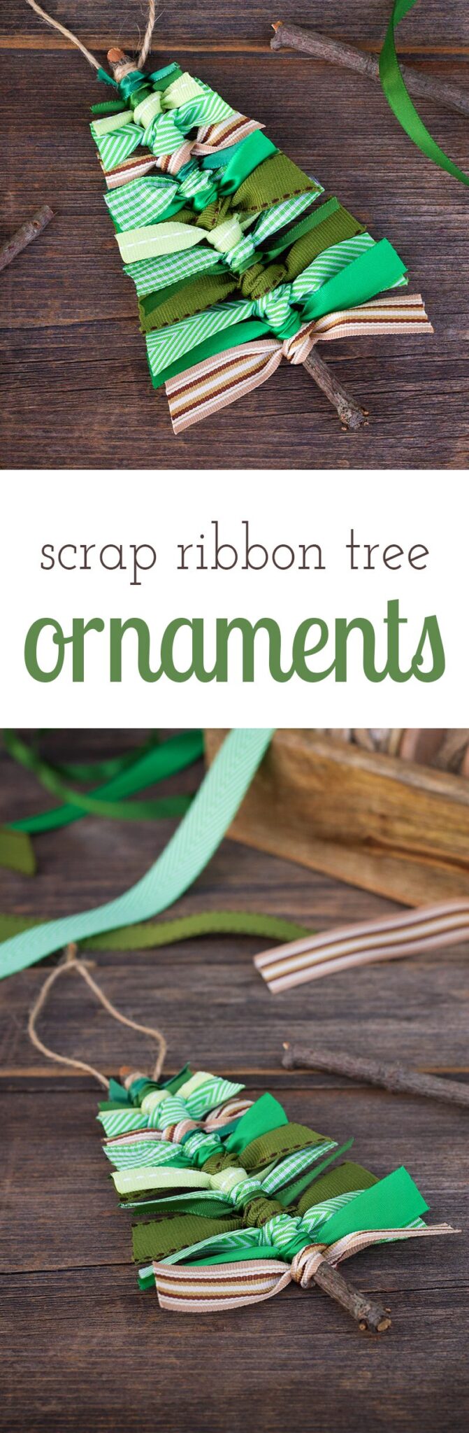 Green and brown scrap ribbon to emulate the welcoming branches of a Christmas tree. Crafters of all ages will enjoy making primitive Scrap Ribbon Tree Ornaments to gift or keep this holiday season.