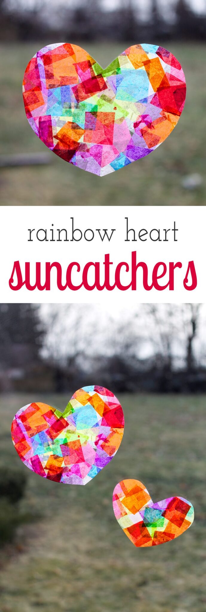 Crafters of all ages will enjoy learning how to make gorgeous Rainbow Heart Suncatchers with tissue paper and glue, perfect for Valentine's Day!