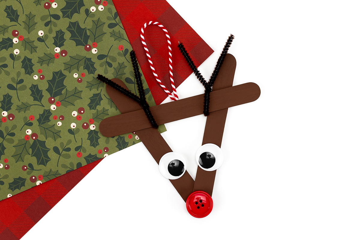 Brown popsicle stick triangle with 2 wiggly eyes glued near the top and a red button nose at the point of the triangle.