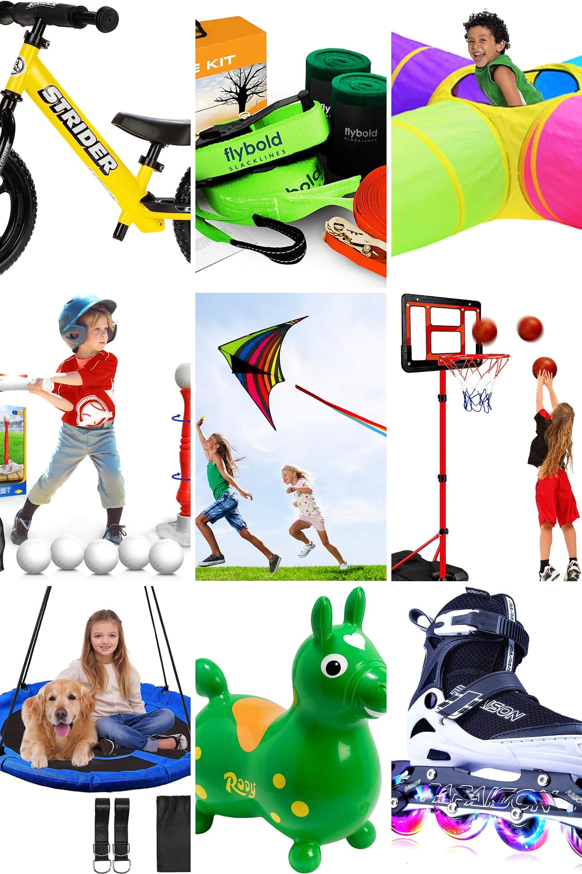 A collage image of kids outdoor toys and games.