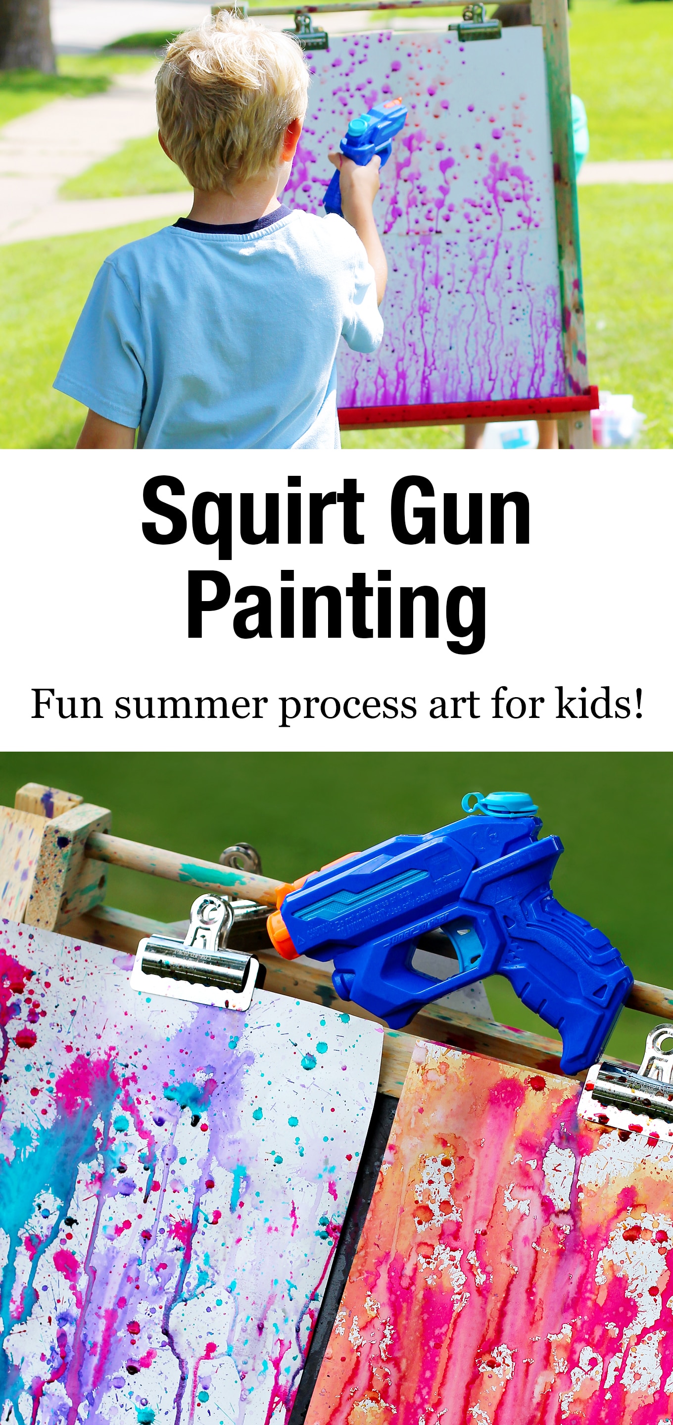 Bust summer boredom at home, school, or camp with Squirt Gun Painting, an amazing art experience for kids of all ages. #squirtgunpainting #squirtpainting #summerart #summerartforkids #summercrafts #watercolorart #kidsart #squirtgunpainting #watergunpainting #summer #kidscrafts via @firefliesandmudpies