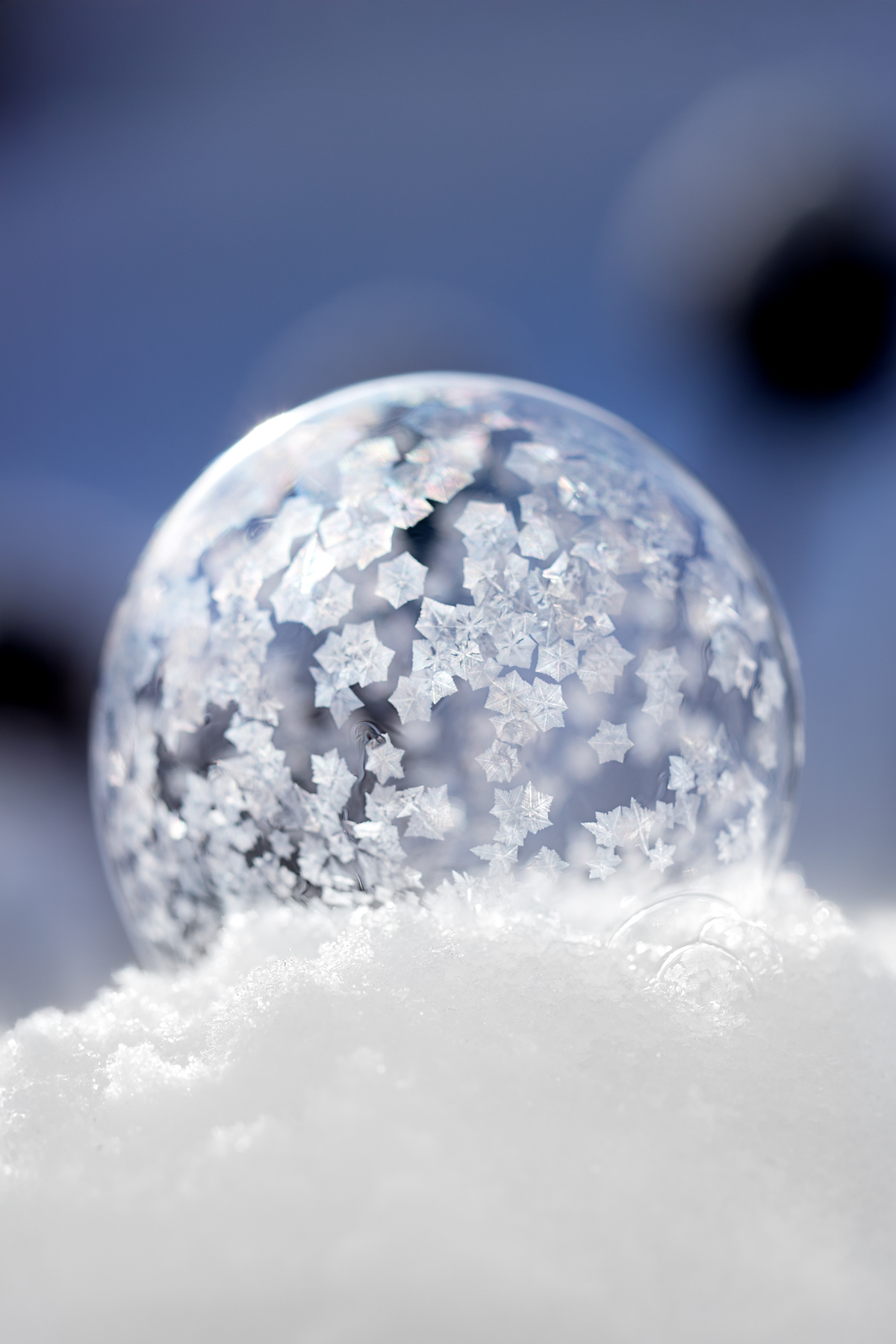 Frozen bubble landing on snow and beginning to crystallize.