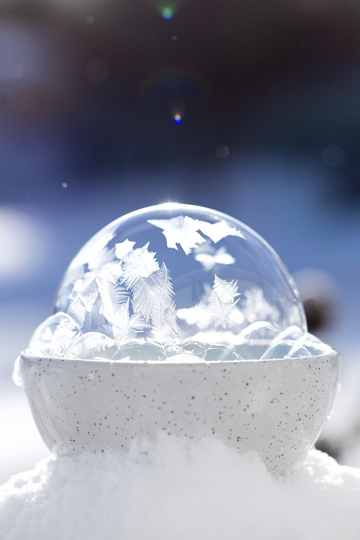 Frozen bubble dome in a bowl showing ice crystal patterns forming slowly.