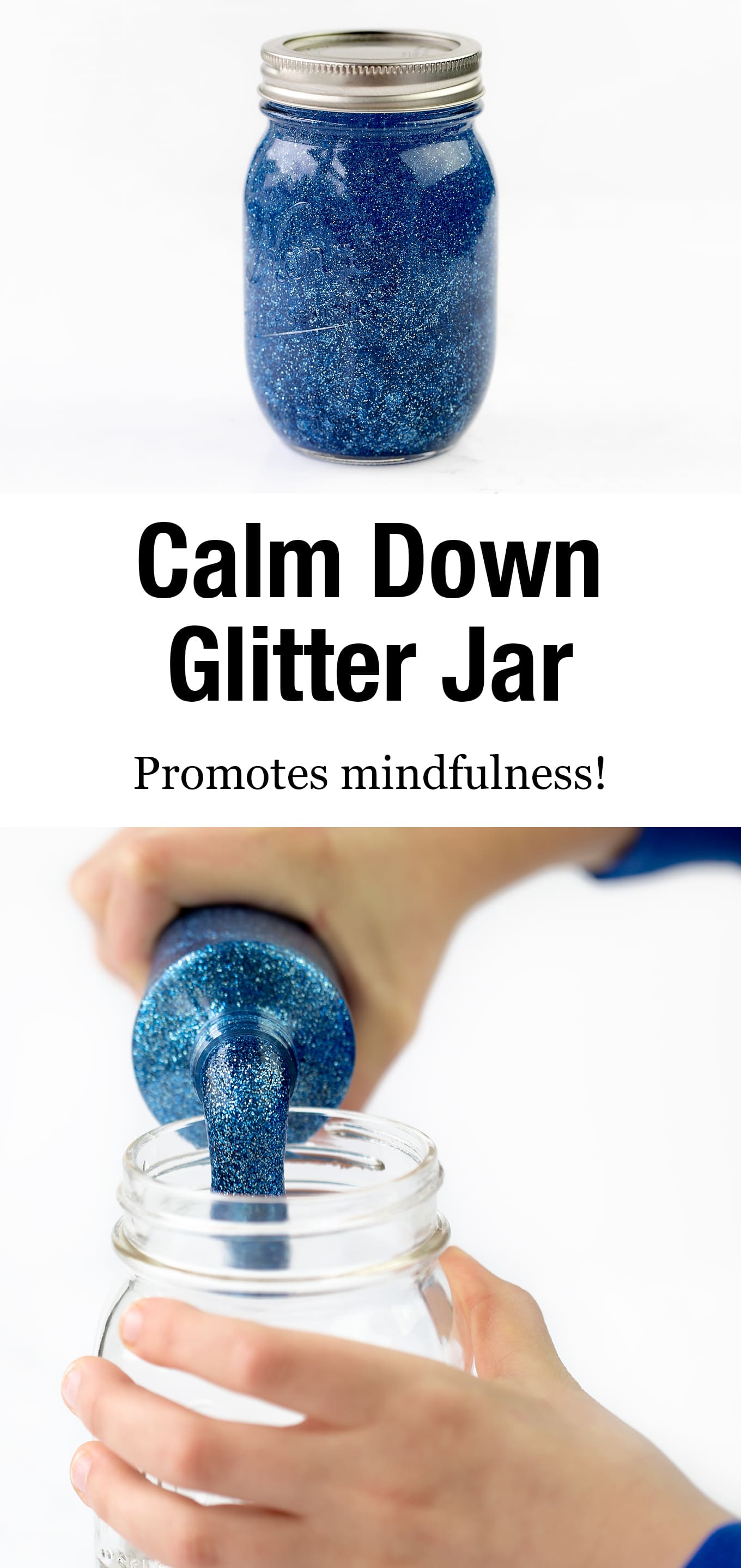 Mindfulness is an important skill for kids to develop. Learn how to make a calm down glitter jar to promote mindfulness and calm in your home or classroom. #glitterjar #socialemotionallearning #sensorybottles #glittertimer #calmdown #angermanagement via @firefliesandmudpies