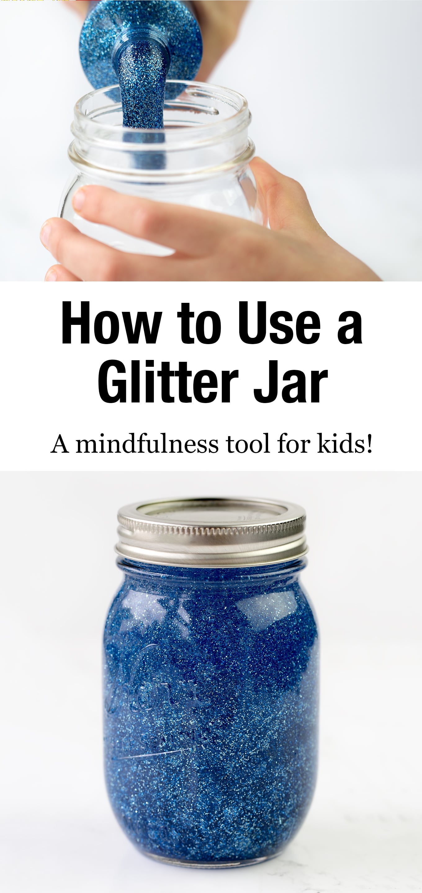 Mindfulness is an important skill for kids to develop. Learn how to make a calm down glitter jar to promote mindfulness and calm in your home or classroom. #glitterjar #socialemotionallearning #sensorybottles #glittertimer #calmdown #angermanagement via @firefliesandmudpies