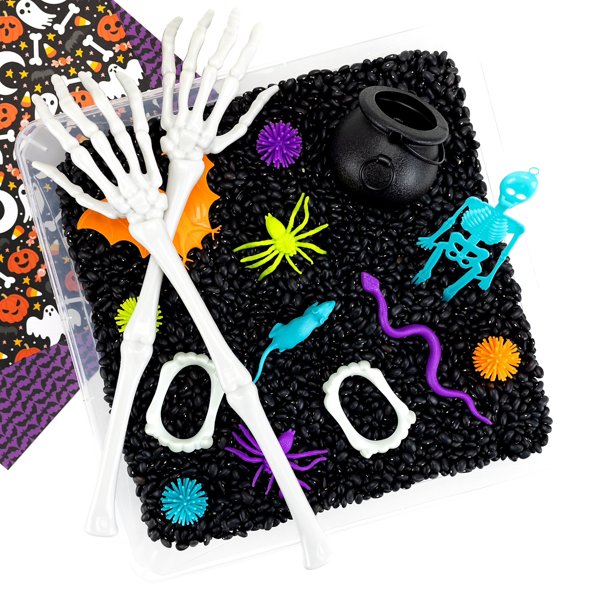 Halloween Sensory Bin Halloween sensory bin made with black beans.