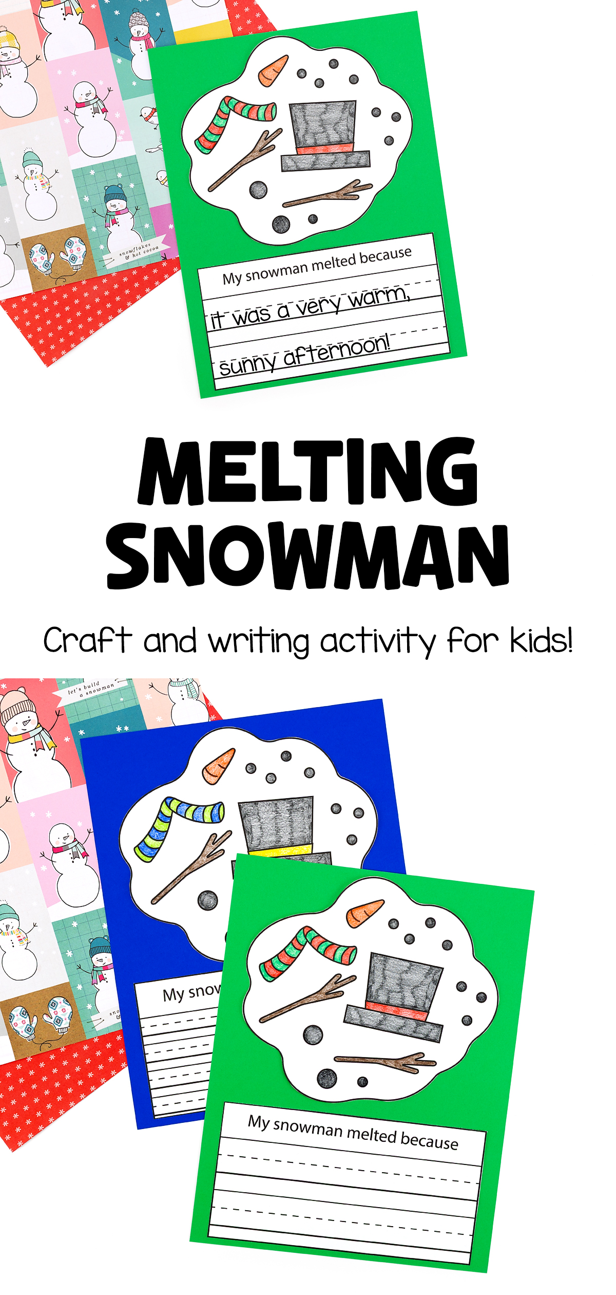 Completed winter-themed Melted Snowman craft with colorful coloring and creative writing prompt on cardstock.