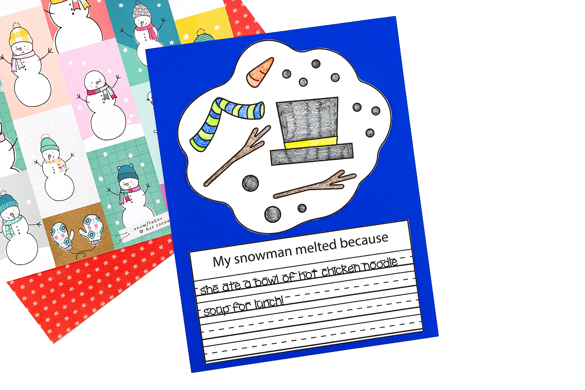 Bright and festive Melted Snowman coloring and writing activity, finished and displayed on a flat surface.