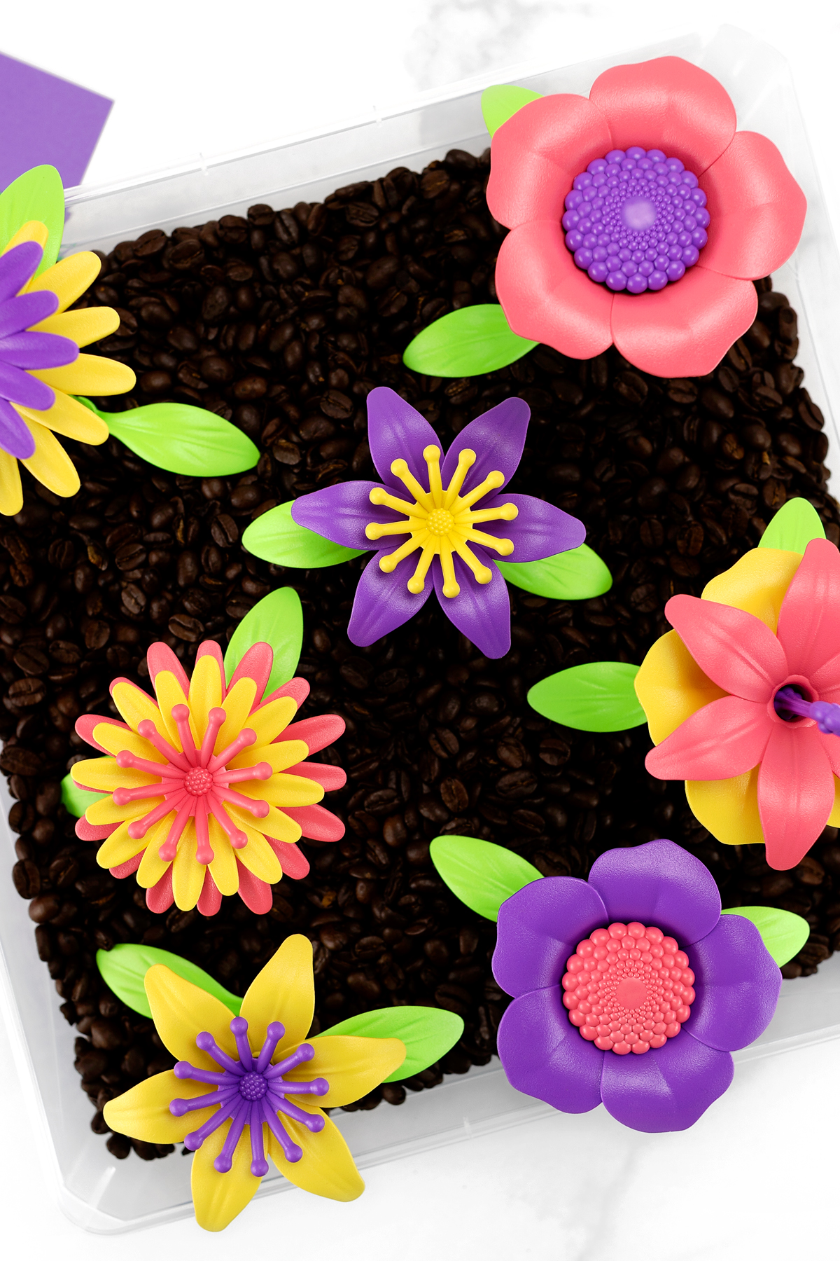 Garden sensory bin for kids.