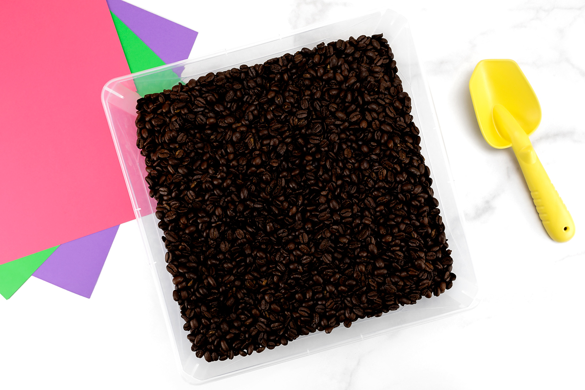 Coffee Bean Sensory Bin Coffee in a sensory bin as a sensory bin filler.