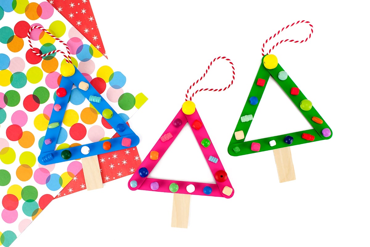 Blue, Pink, and Green Popsicle Stick Christmas Trees