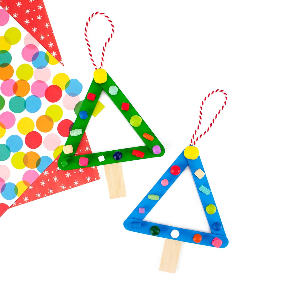 Popsicle Stick Christmas Tree Ornament Green and blue popsicle stick Christmas tree craft.
