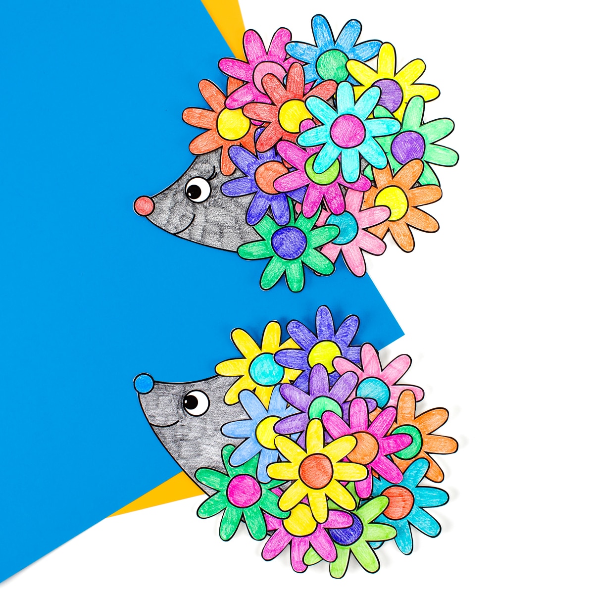 Two Spring Hedgehog Cards displayed on blue and yellow paper.