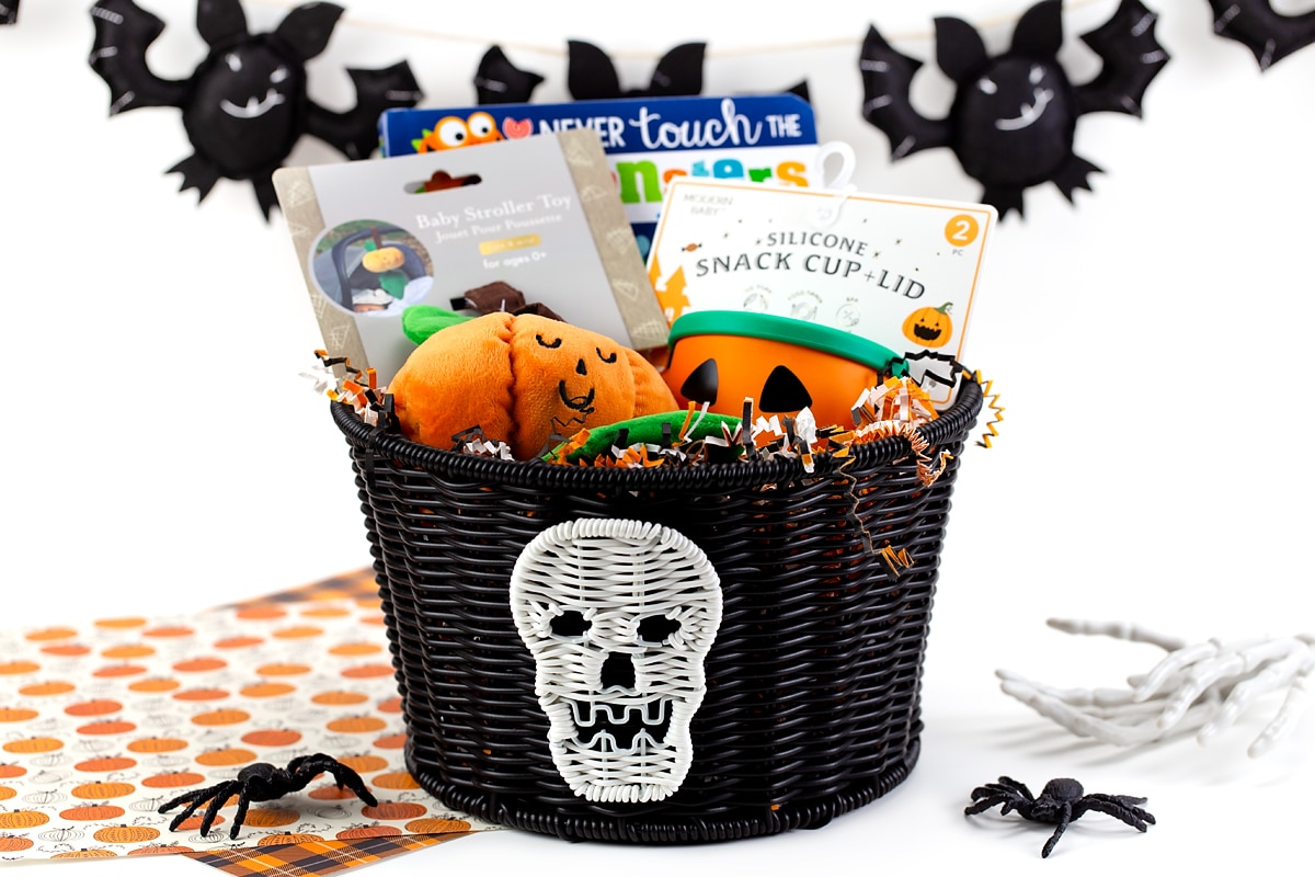 A Boo Basket filled with Halloween treats for babies.
