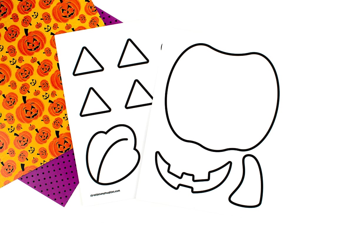 Jack-O'-Lantern craft templates on orange and purple backgrounds.
