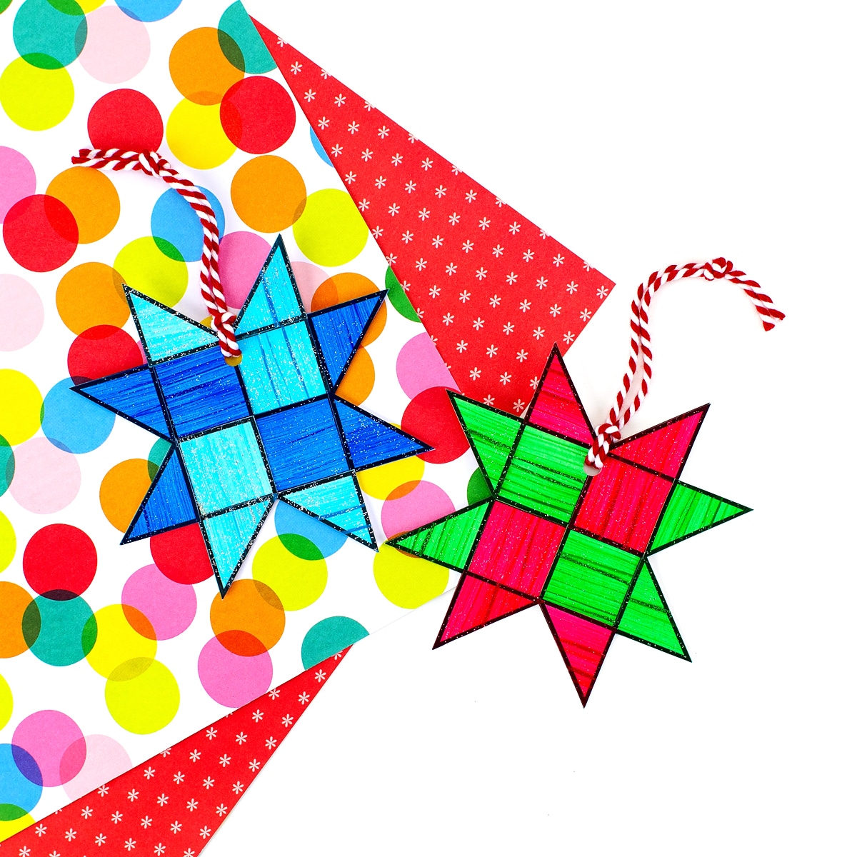 Two images of blue, red, and green paper star ornaments.