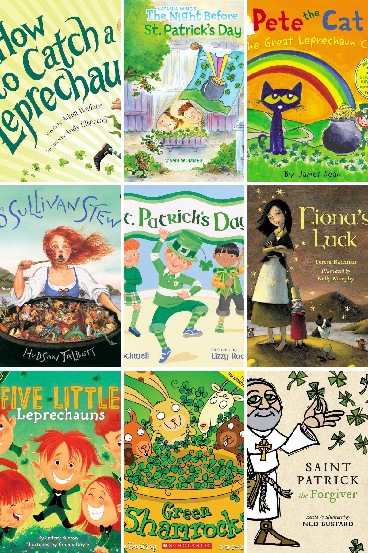 A collage of children's books for St. Patrick's Day.