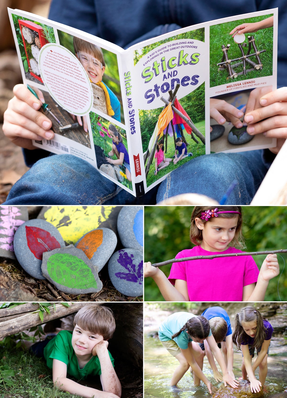 Collage of outdoor activities for kids from the book Sticks and Stones.