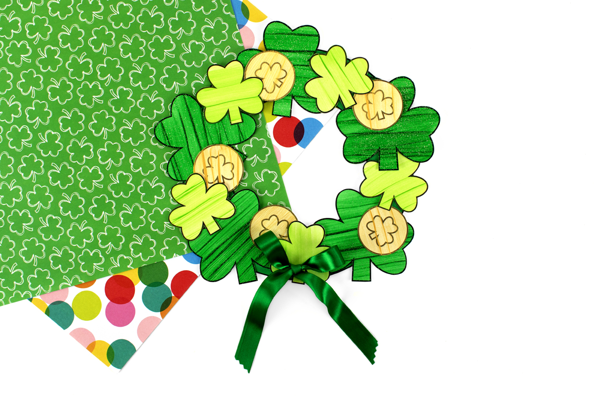 Finished St. Patrick's Day Shamrock Wreath for kids. 