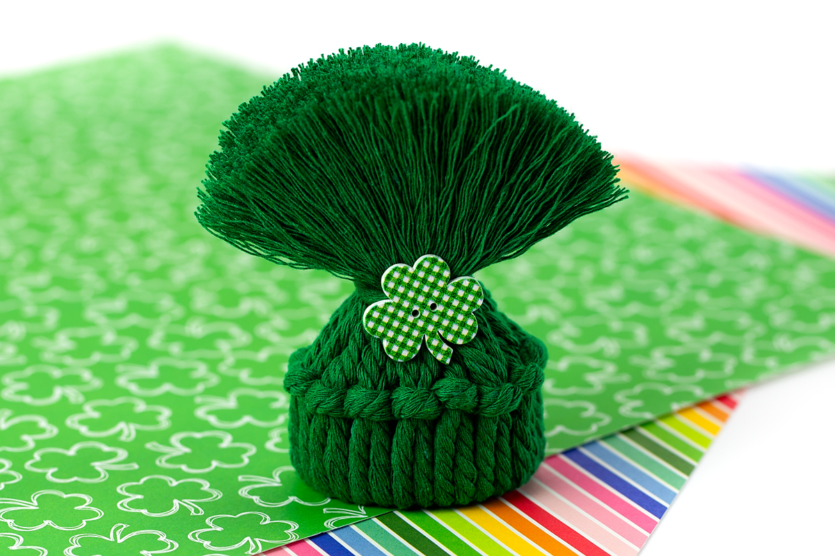 The finished hat for the Macrame Gnome.