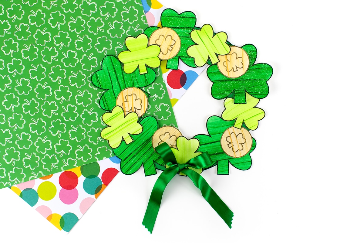 Finished Shamrock Wreath on colored scrapbook paper.
