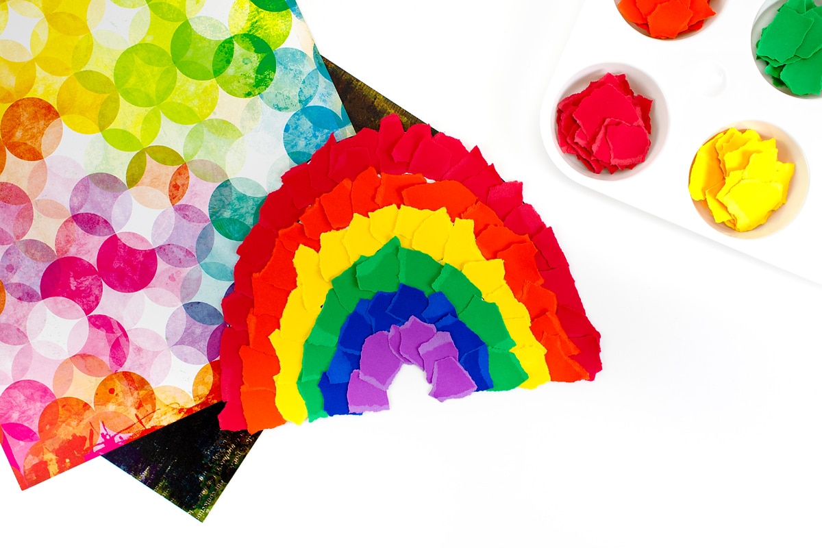 Finished torn paper rainbow craft for kids.