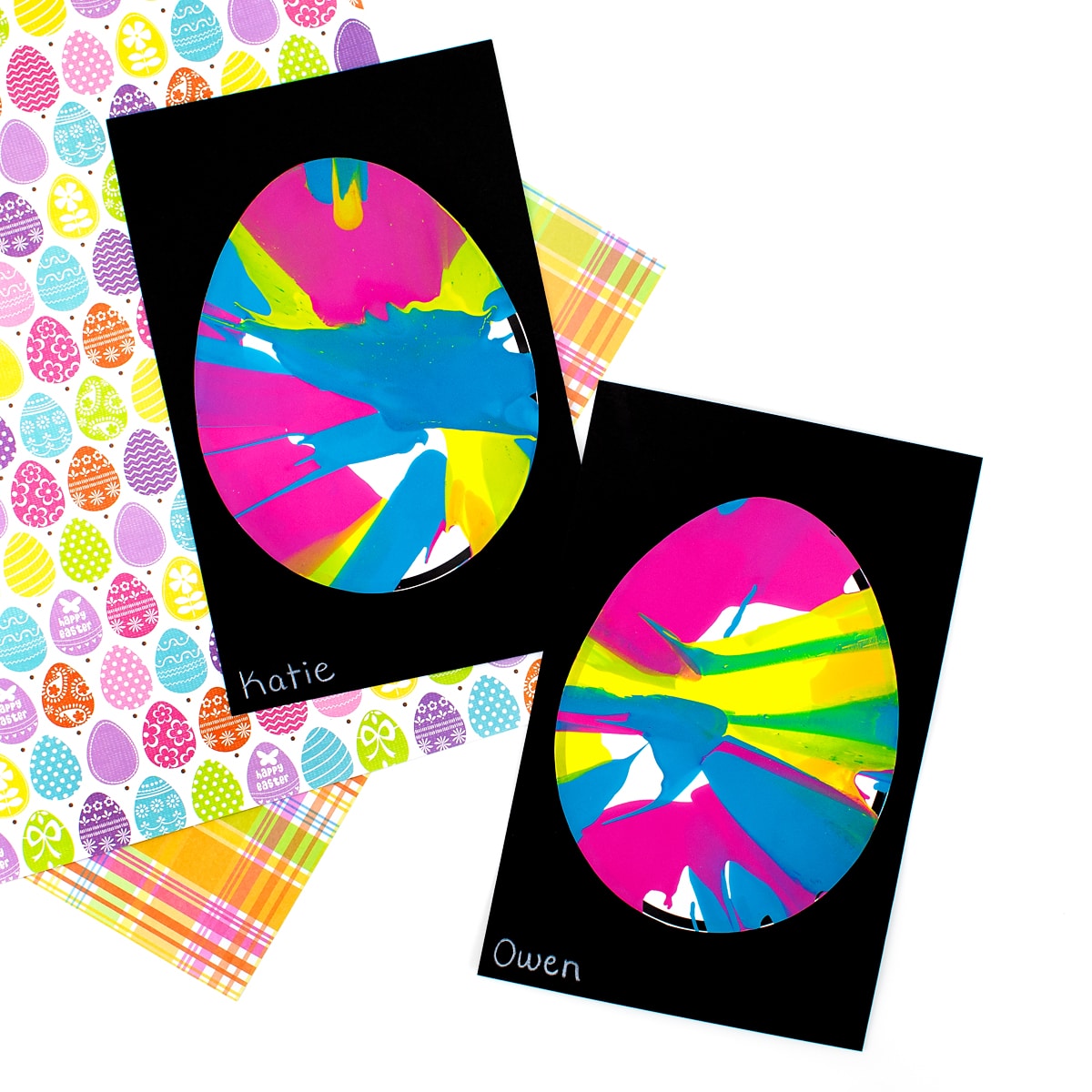 Easter egg spin art displayed on Easter scrapbook paper.
