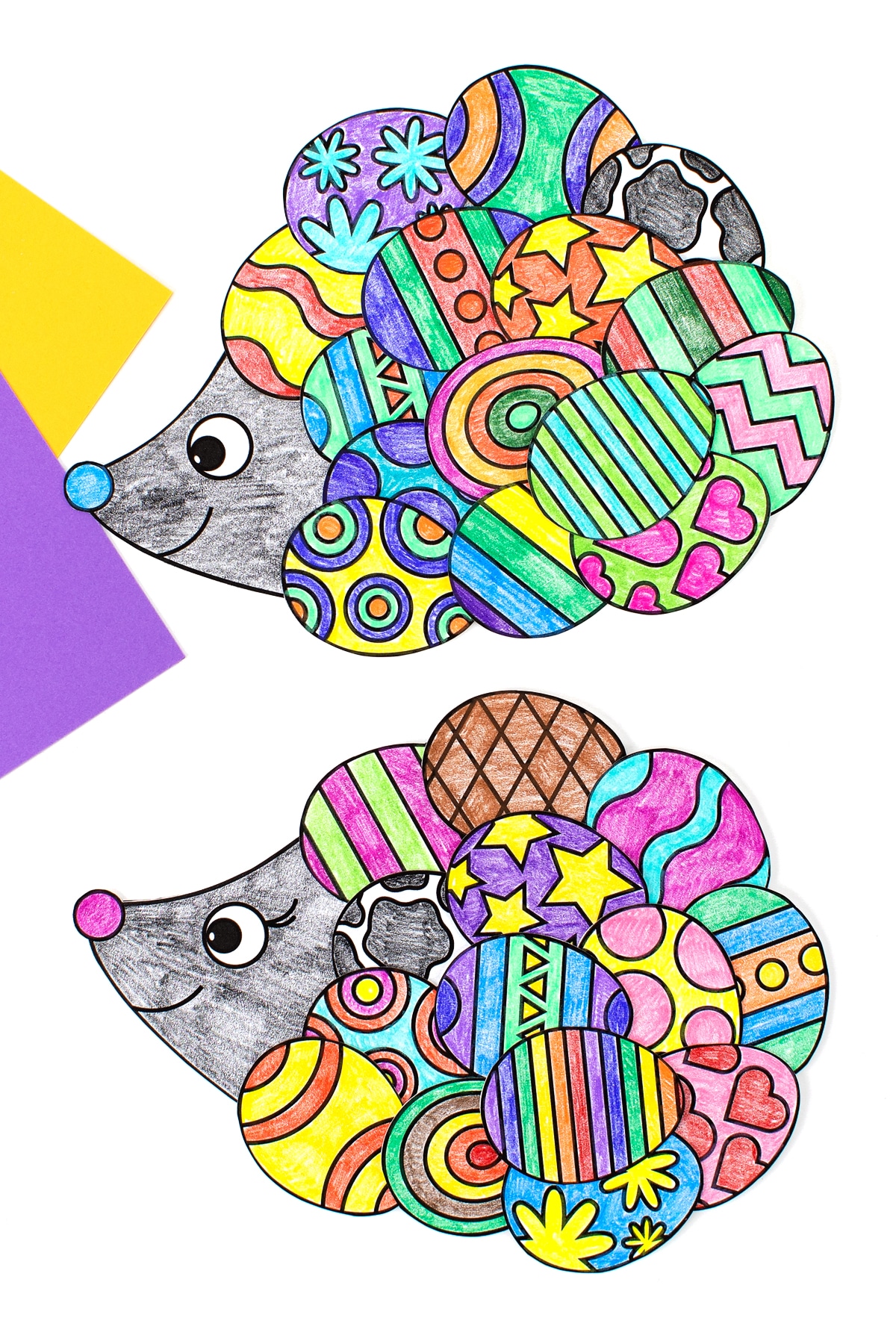 Two samples of the Easter hedgehog craft finished.