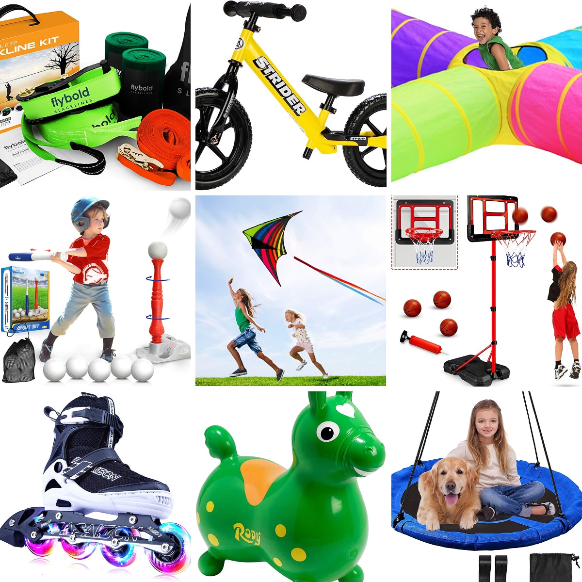 A collage image of outdoor toys for kids.