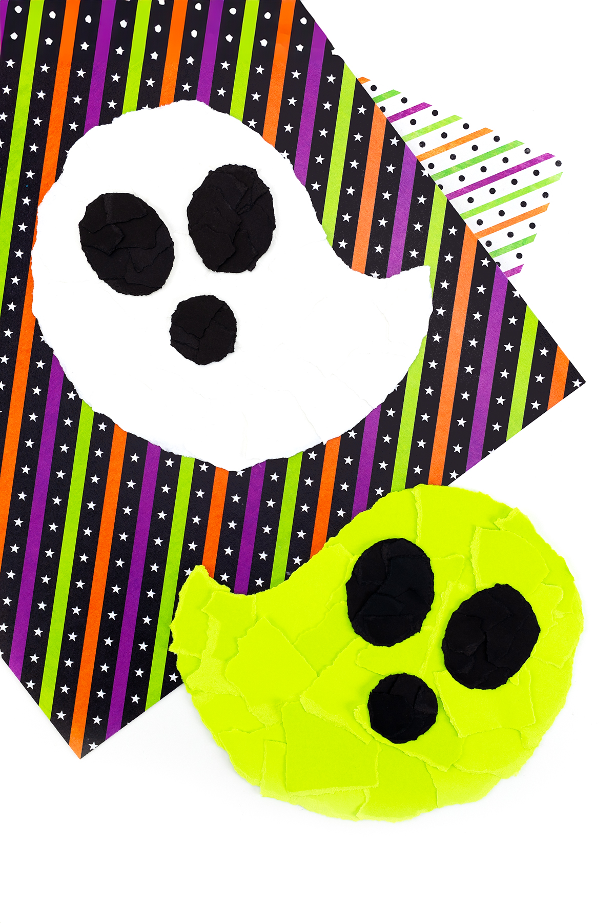Finished green and white ghost crafts for kids.