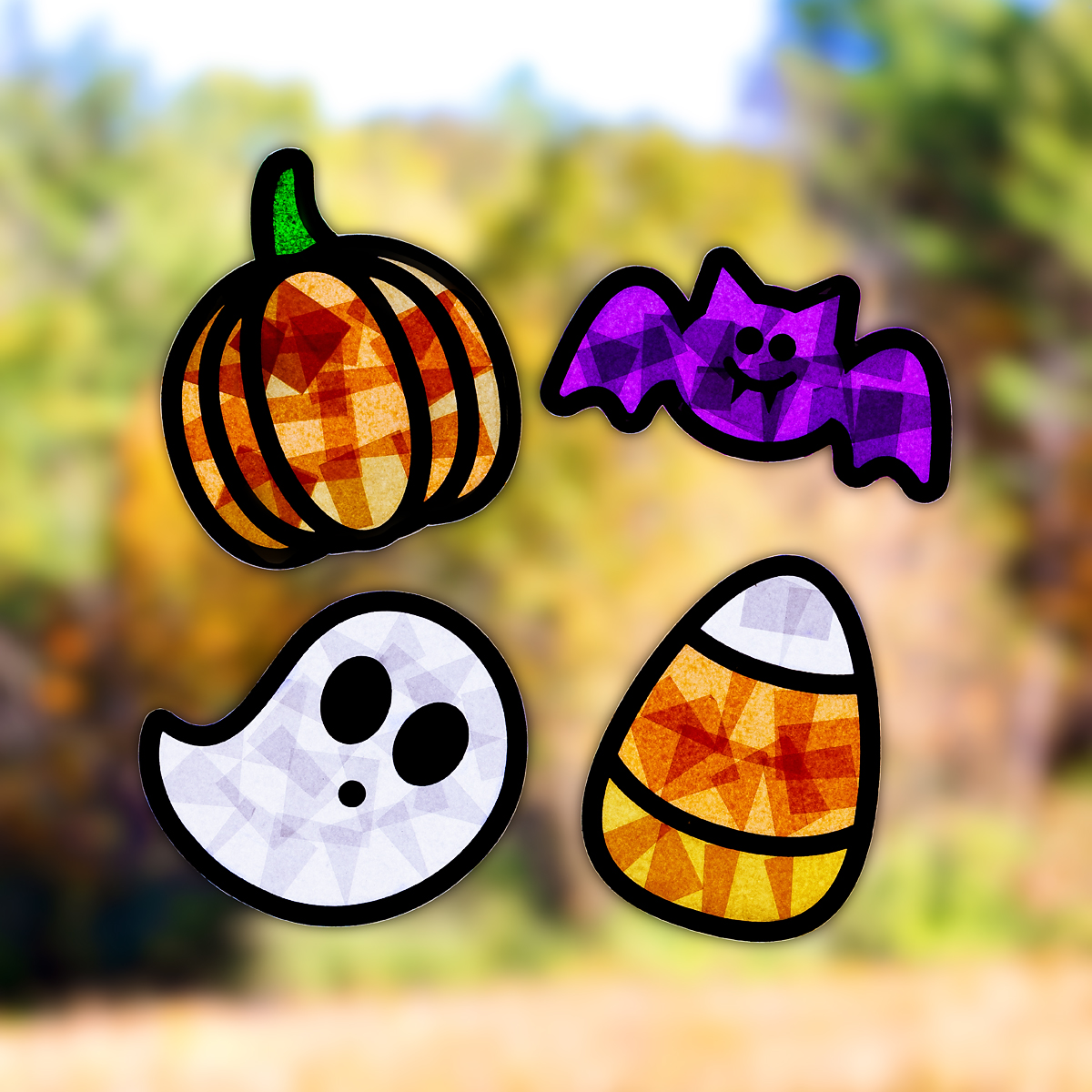 Pumpkin, bat, ghost, and candy corn suncatchers.
