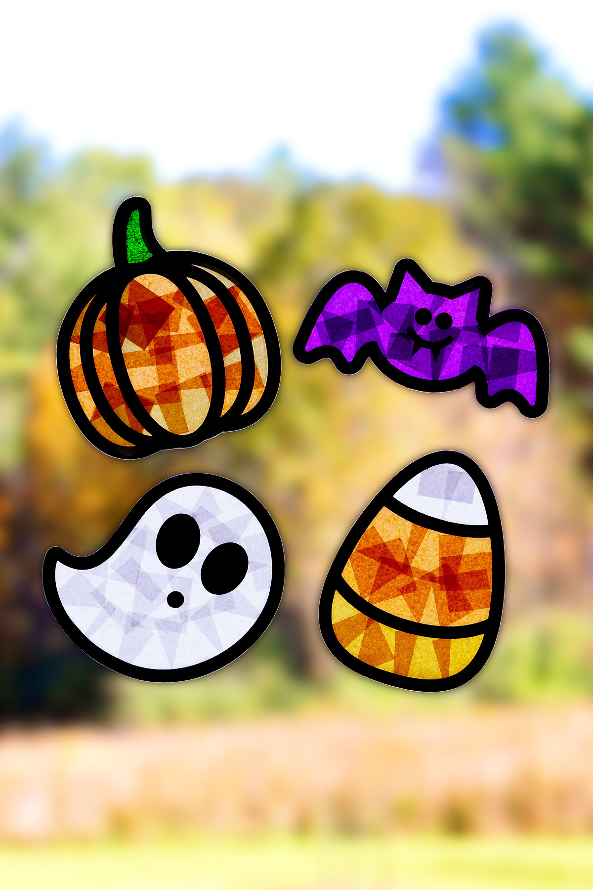 Pumpkin, bat, ghost, and candy corn Halloween Suncatcher Craft for kids.
