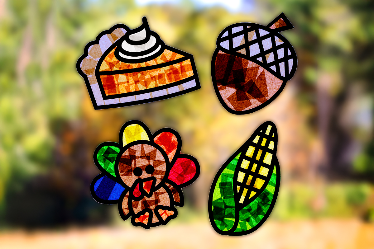 Four thanksgiving suncatchers for kids—pumpkin pie, acorn, turkey, and corn.