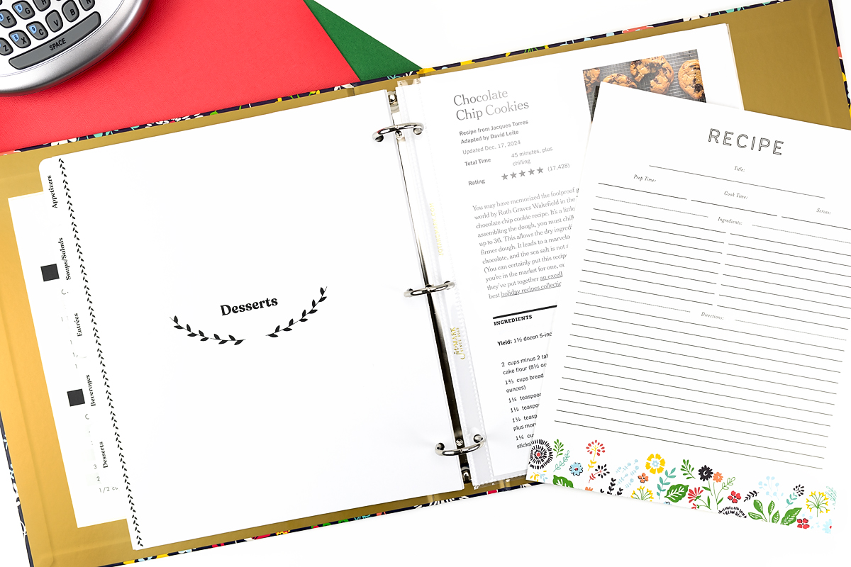 Recipe binder opened to the desserts tab.