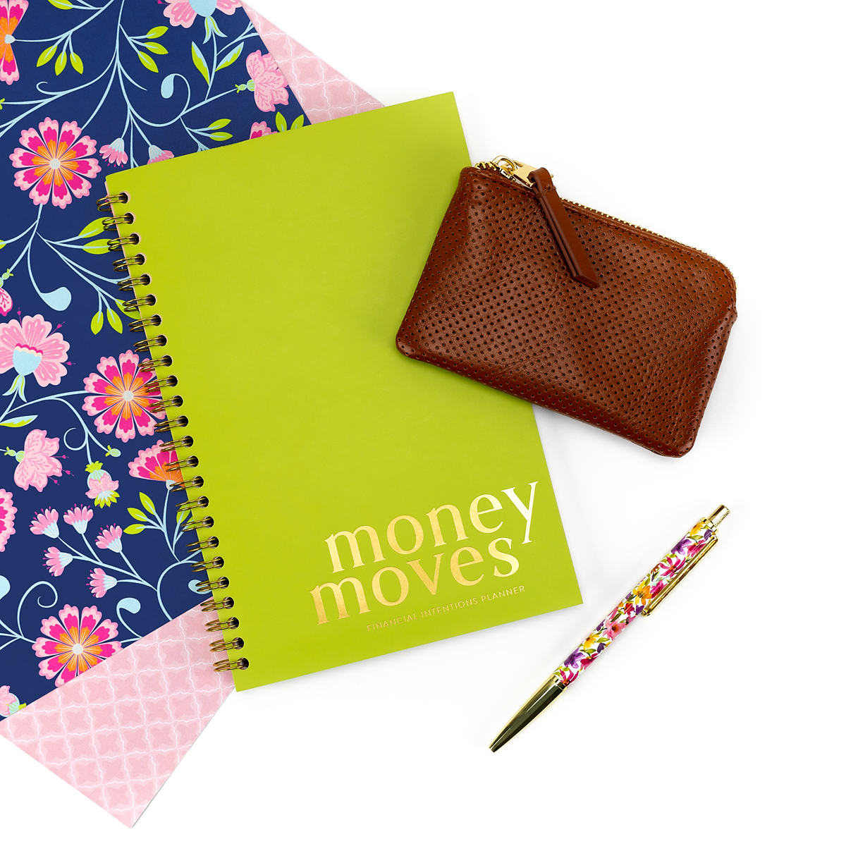 Photo of a financial planner called "Money Moves," a wallet, and a pen.