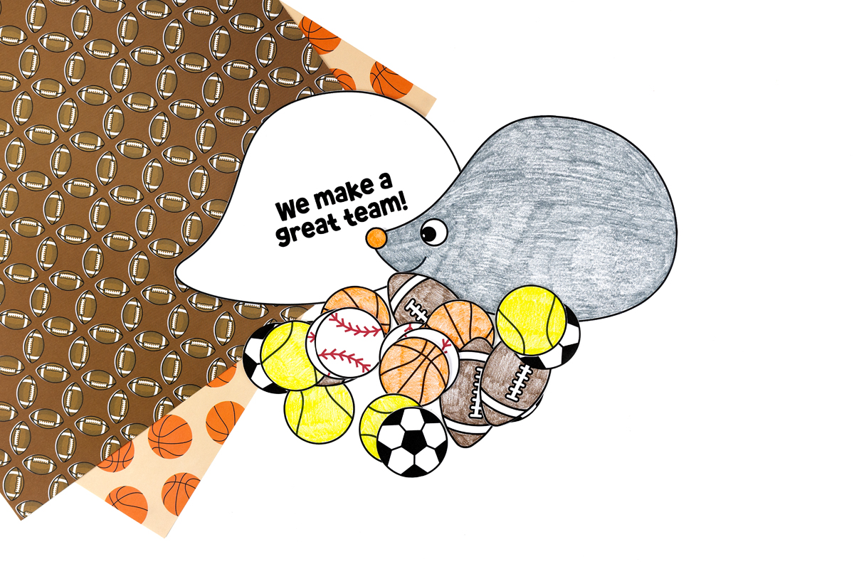 Cut out balls, card text, and hedgehog body.