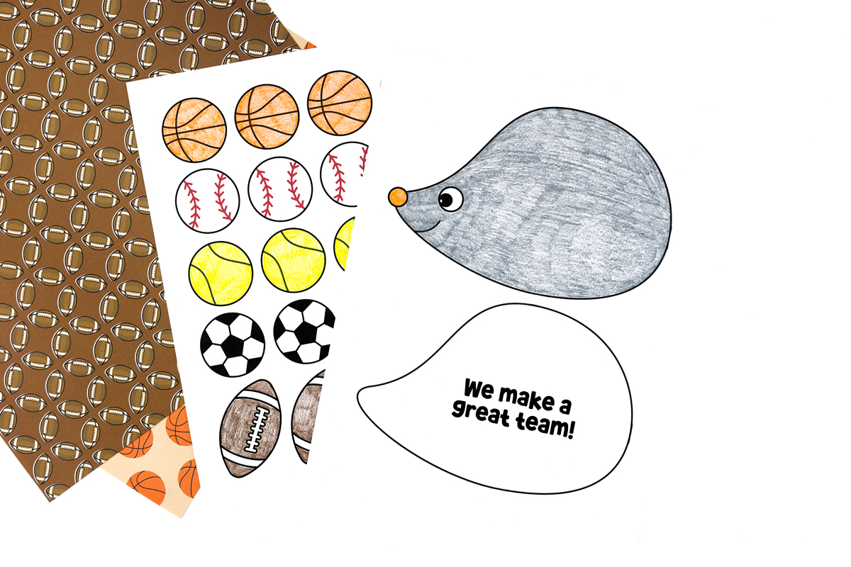 Image of sports-themed hedgehog craft colored in.