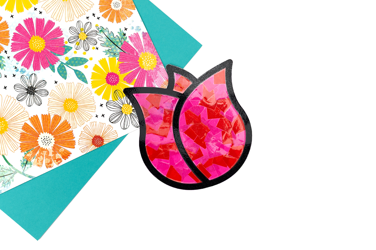 Finished tulip suncatcher craft for kids.