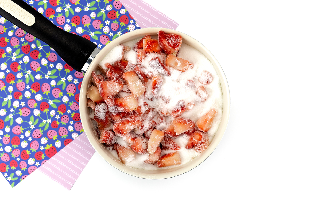 Sugar, strawberries, and lemon juice mixed together.