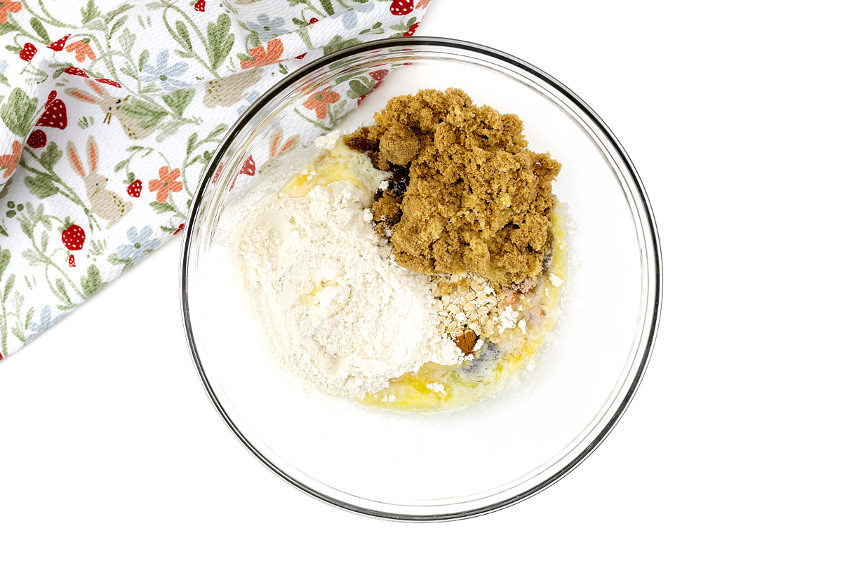 Crisp topping made with brown sugar, oats, flour, butter, and cinnamon.