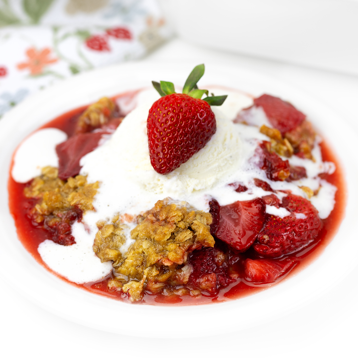 Strawberry crisp recipe with oat topping.