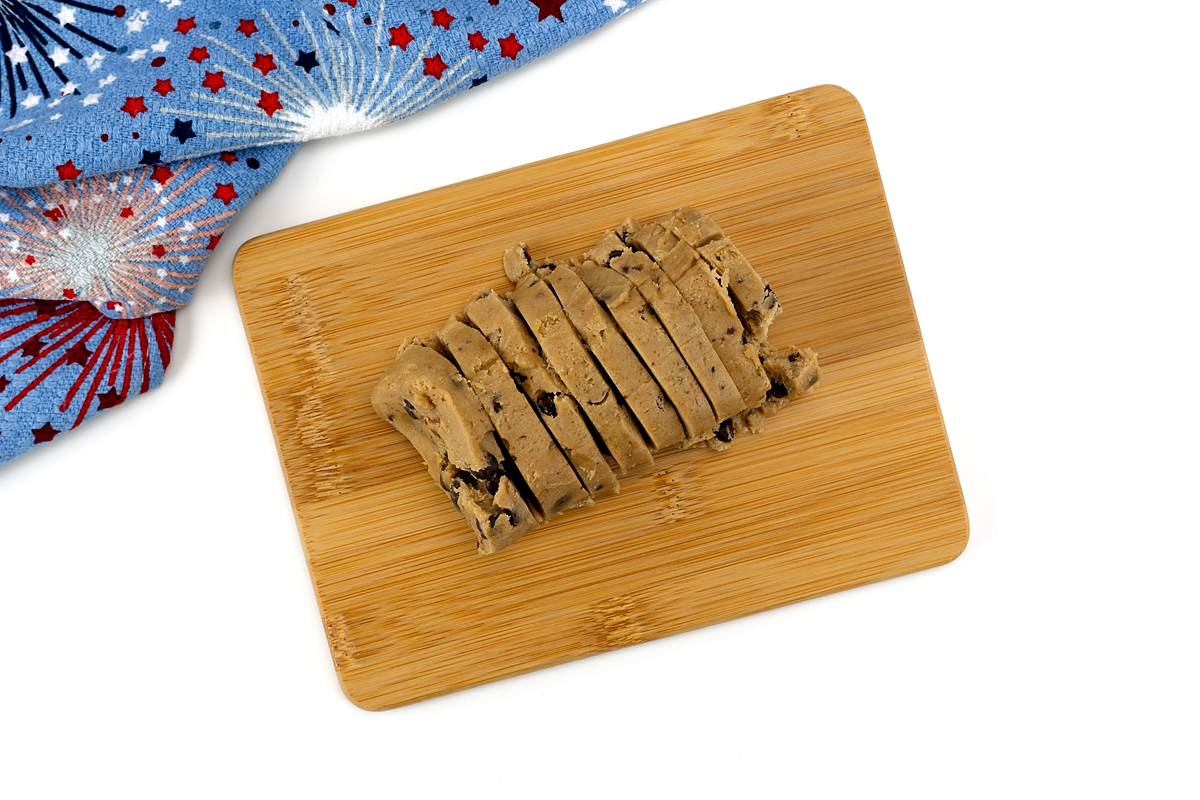 Sliced chocolate chip cookie dough.