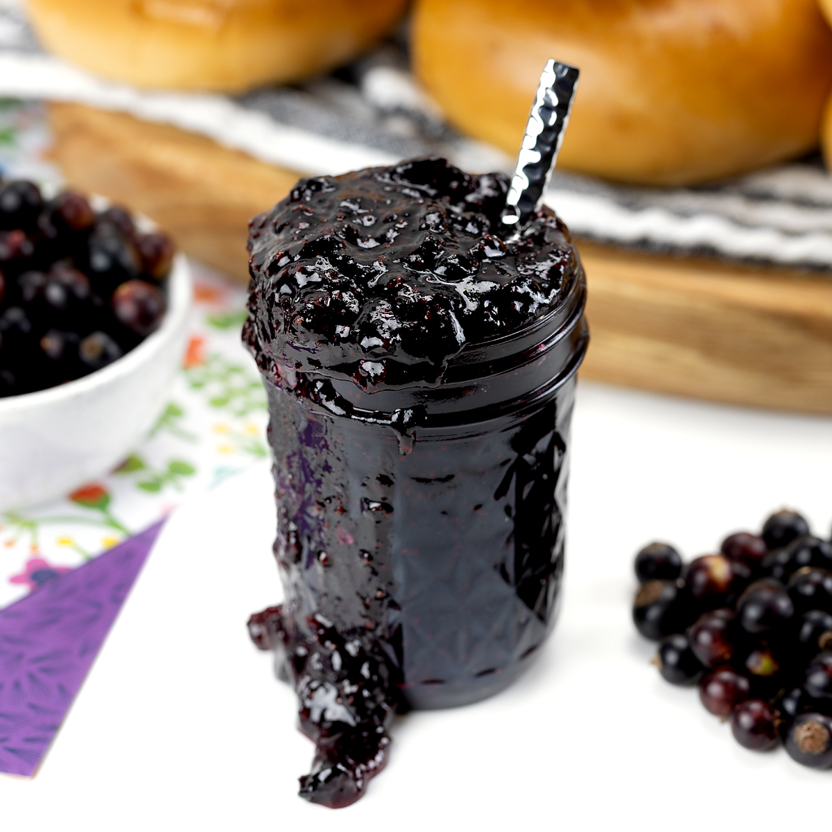Blackcurrant jam in a jar.