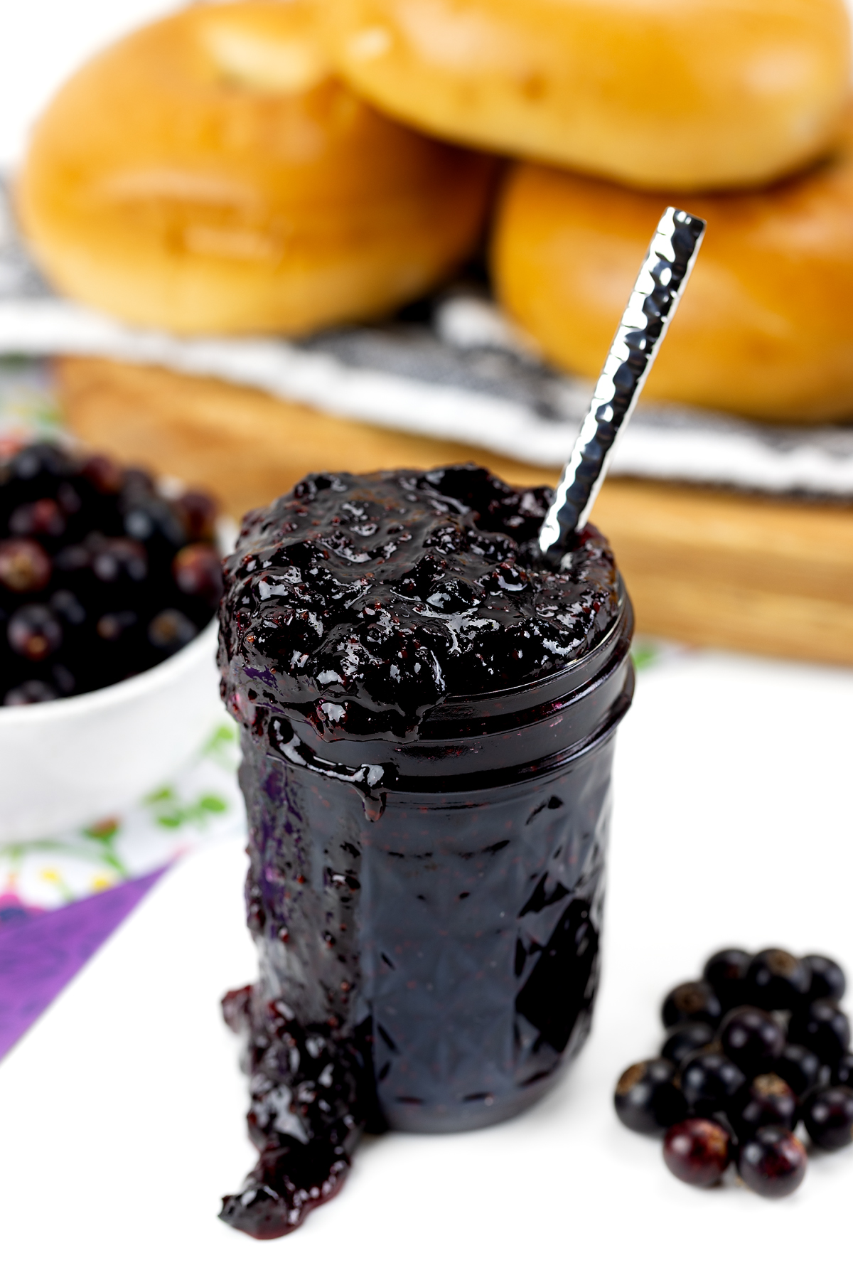 Blackcurrant jam in a jar.