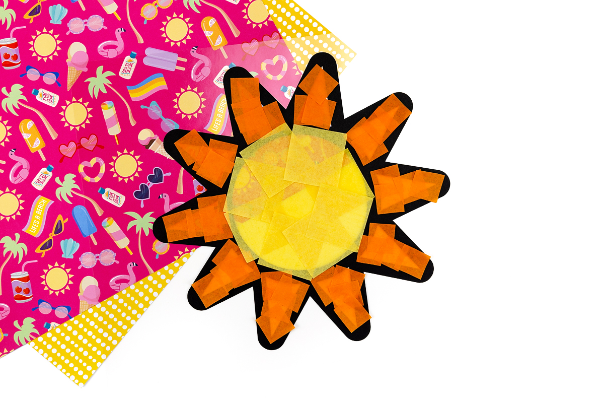 Summer Sun Suncatcher filled with yellow and orange tissue paper.