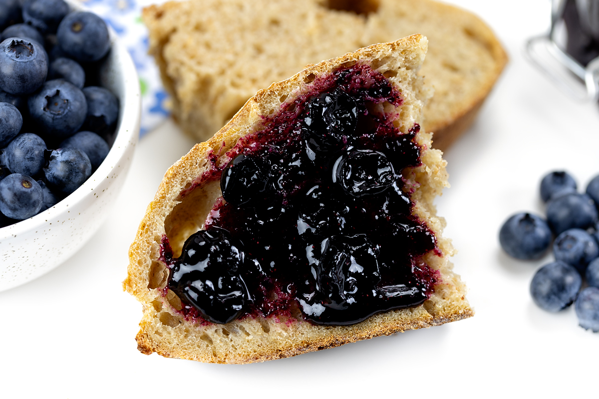 Blueberry jam on sourdough bread.