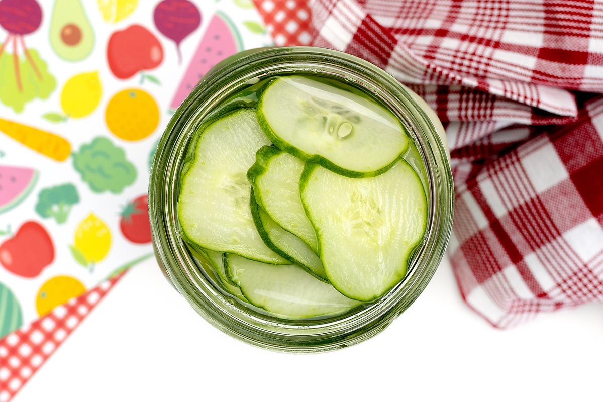 Jar of sweet pickles.