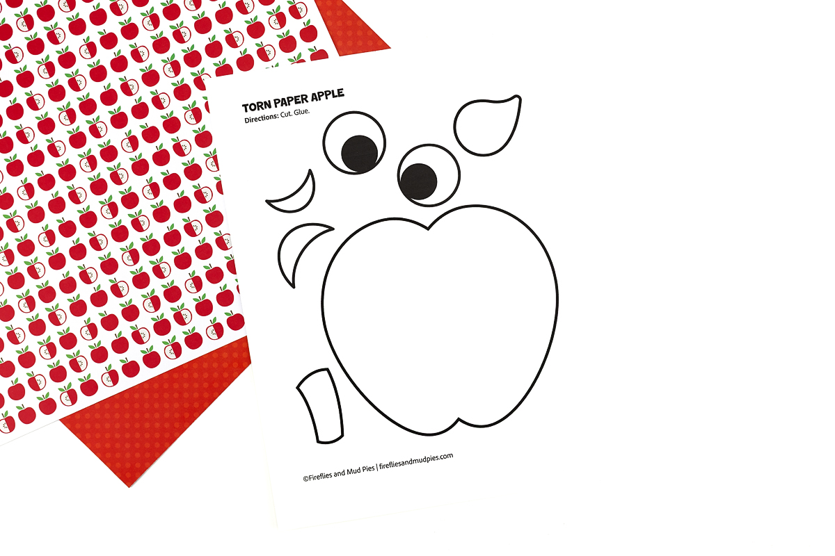Torn Paper Apple craft template on a red and white background.