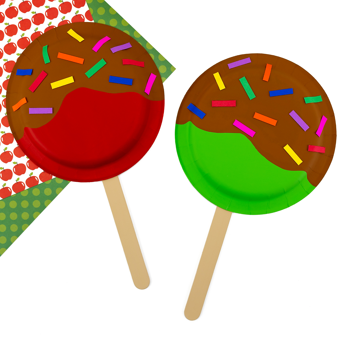 Red and green paper plate caramel apples.